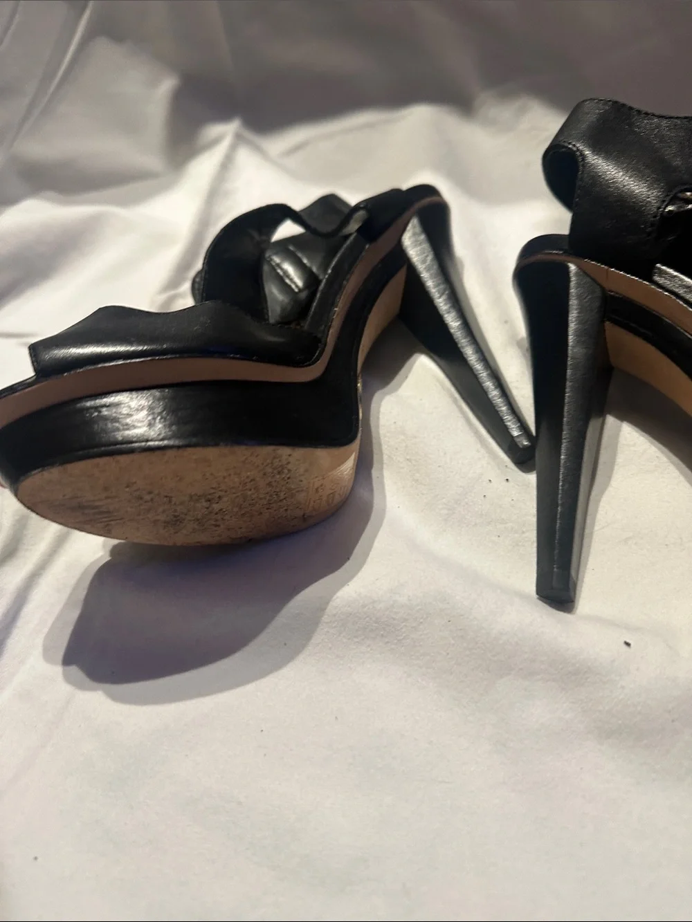 bebe Black Leather Open-Toe Grommet Slingback Heels